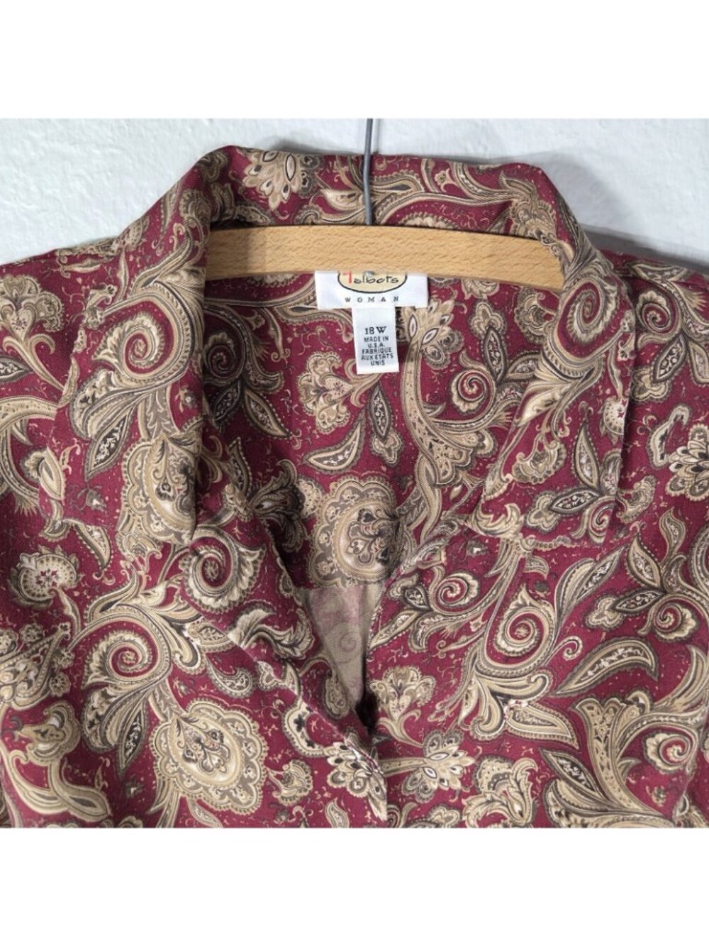 Vintage Talbots 18W Silk Wool Button Down Shirt 90s Pasley Burgundy Tan - Picture 4 of 16